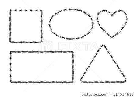 set Wire Barb heart, oval, rectangle frames y2k tattoo border gothic spiky punk print isolated on white background. Barbwire emo boundary shapes. 114534683