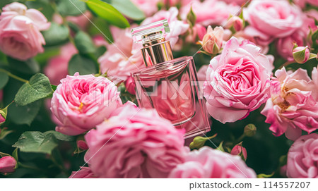 Perfume bottle with beautiful flowers. Floral background. Beauty concept. Flat lay, top view. 114557207