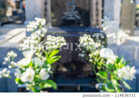 Blurred image of a gravestone, text, white flowers 114636731