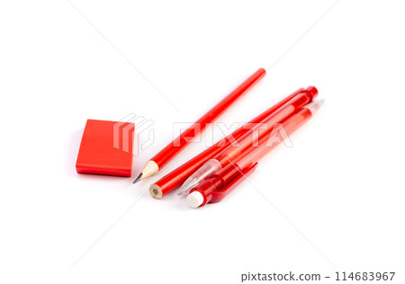 Red Pencil, Pen, Eraser Isolated on WHite Background 114683967