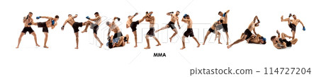 MMA. Two professional fighters punching, boxing, training isolated on white studio background. Collage 114727204