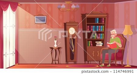 Old people home. Hobbies of elderly male and female characters exact vector pensioner indoor interior 114746991