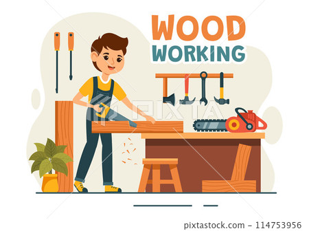 Woodworking Vector Illustration featuring Modern Craftsmen and Workers Producing Furniture Using Tools, Presented in a Flat Cartoon Style Background 114753956