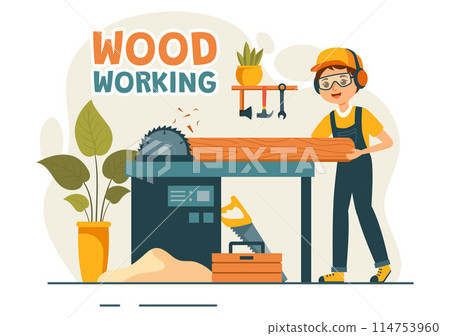 Woodworking Vector Illustration featuring Modern Craftsmen and Workers Producing Furniture Using Tools, Presented in a Flat Cartoon Style Background 114753960