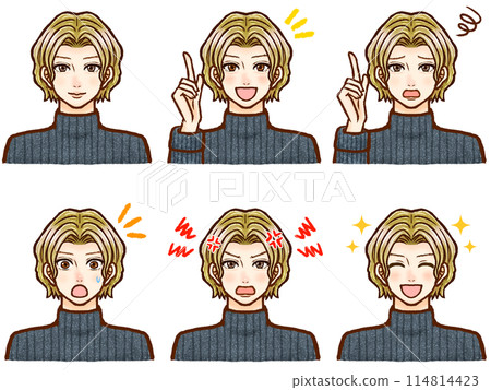 Illustration set of a blonde permed adult man wearing a high-necked sweater 114814423