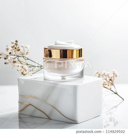 Face cream in a glass jar on a white and gold background. Skin care concept. Backdrop for beauty cosmetic products 114829502