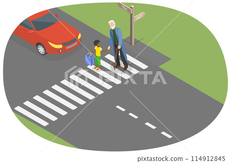 3D Isometric Flat  Conceptual Illustration of Good Manners, Polite Girl Taking Care of Senior 114912845