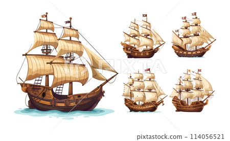 Pirate ships cartoon vector set. Sailing marine galleon caravel corvette combat medieval ocean transport sea hunters robbers bandits, highlighted illustrations on white background 114056521