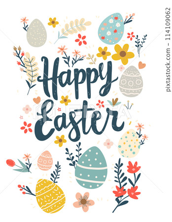 Happy Easter greeting card with colorful eggs and flowers spring holiday celebration banner vertical 114109062