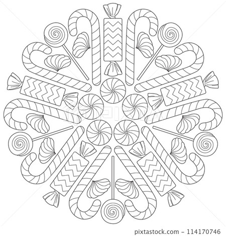 Sweet candy mandala. Coloring page, black and white, line art, print and color 114170746