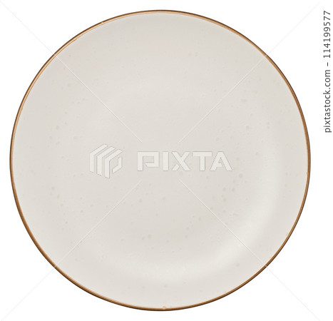 Empty white ceramic plate with brown edge on isolated background 114199577