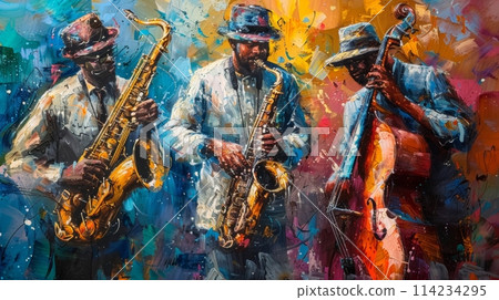 Vibrant painting of three jazz musicians playing saxophone and double bass on stage 114234295