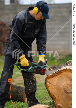 A man in uniform cuts an old tree in the yard with an electric saw. 114312997