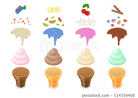 3D Isometric Flat  Conceptual Illustration of Creating Ice Cream, Sweet Summer Delicacy Sundaes 114359408