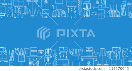 Mechanical engineering drawings on blue background. Tap tools, borer. Technical Design. Cover. Blueprint. Seamless pattern. Vector illustration. 115570643