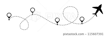 Itinerary dashed trace, line airplane flight, dotted path, aircraft tracking simple minimal trip isolated on white background. Plan with start point. Tattoo 115607391