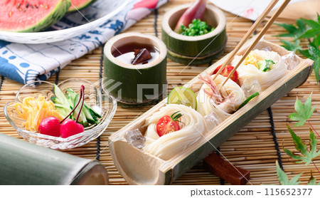 Somen noodles served on natural bamboo, a summer image 115652377