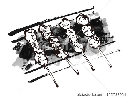 A handwritten Japanese-style brush-written illustration of four yakitori skewers grilled over charcoal 115782934