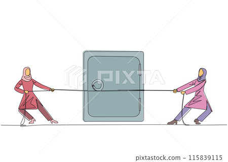 Continuous one line drawing two Arabian businesswomen fighting over a safe deposit box. Fierce battle to obtain business expansion data stored in safes. Single line draw design vector illustration 115839115