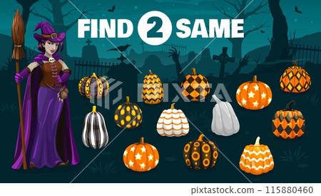 Halloween game, help to witch find two same patterned pumpkins, vector worksheet puzzle. Find and match same cartoon pumpkin with Halloween ornament picture on cemetery with zombie and tombstones 115880460