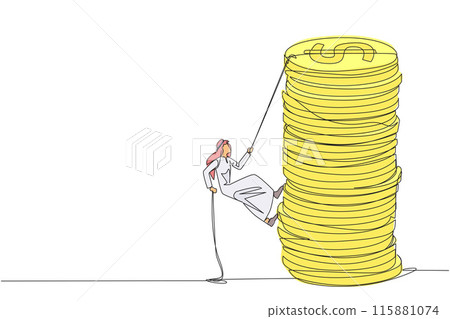 Single one line drawing Arab businessman climbs stack of coins with rope. Entrepreneur trying hard climbing the rope to reach top of coins. Better future. Continuous line design graphic illustration 115881074