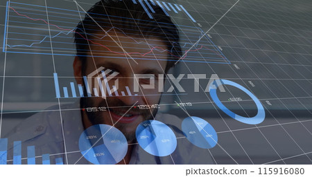 Image of financial data processing over caucasian businessman in office 115916080