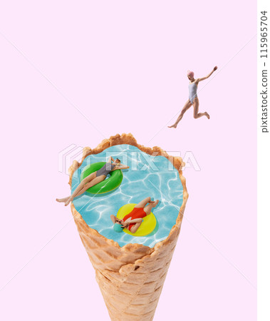 Girls enjoying in swimming pool forming ice cream cone, dicing, swimming, sunbathing, Relaxing atmosphere. Contemporary art collage 115965704