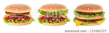 Set of Big Hamburgers with Two Beef Cutlets, isolated on transparent background, fast food concept 115992373