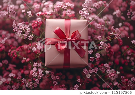 Romantic Gift Box with Red Ribbon Amidst Pink Flowers Perfect for Valentine's Day, Anniversary, or Special Occasion Cards and Posters Generative AI 115197806