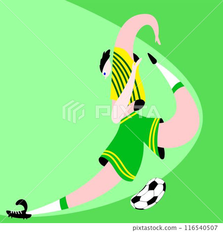 Abstract vector illustration of cartoon soccer player with elongated limbs kicking soccer ball in mid-air on bright green background. 116540507