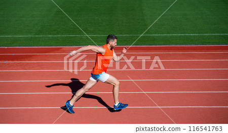 Morning workout. energetic and sporty. marathon speed energy. muscular man in motion. athletic man compete in sprint. sport healthy lifestyle. fitness training outdoor. runner run on running track 116541763