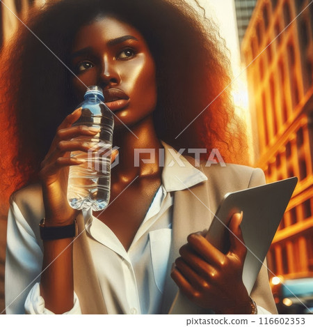 A black woman drinking water on the street 116602353