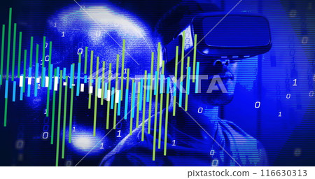 Image of data processing and binary coding over african american man in vr headset 116630313