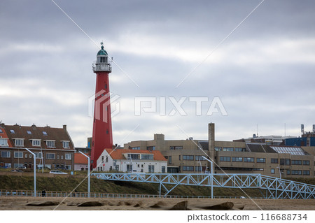 Scheveningen lighthouse view from the beach in the Hague, The Netherlands 116688734