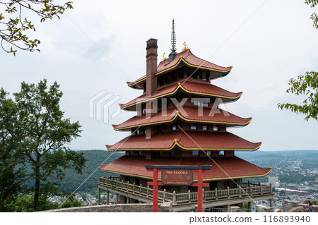 Overview of an Asian Pagoda looking over a forest and city. 116893940