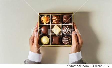 Chocolate assortment gift box hand person 116921137