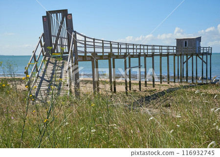 Square net fishing on stilts at the charente coast 116932745