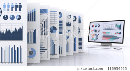 Image of a computer displaying data and business documents, data analysis and consideration 116954913