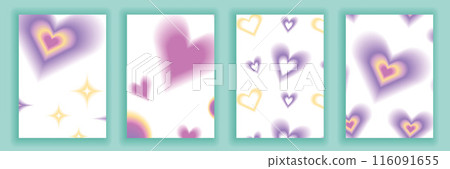 Set brochure y2k aura. Blurred heart, butterfly and stars with aura in trendy style y2k. 116091655