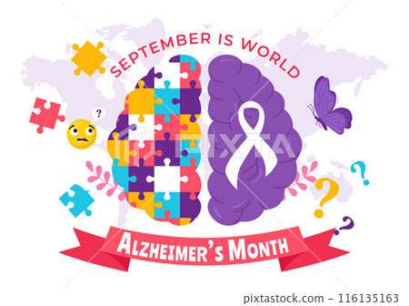 World Alzheimer's Day Vector Illustration featuring an Elderly and a Brain Jigsaw Puzzle Symbolizing Memories on a Purple Ribbon Flat Background 116135163