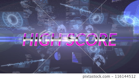 Image of high score text over data processing on dark background 116144512