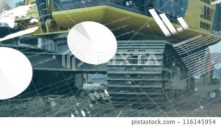 Image of infographic interface over midsection of scrap yard machinery in scrap yard 116145954