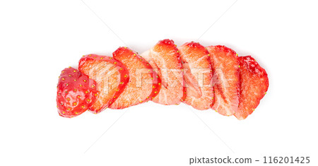 Strawberry pieces isolated, red berry cut set, fresh strawberries slices, summer food ingredient 116201425