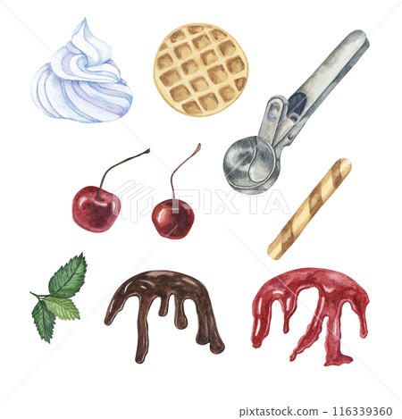 Ice cream design elements set including various flavors, cherries, waffle cones, wafer sticks, whipped cream, mint leaves and metal scoop, drizzles of chocolate and berry sirup. Watercolor clipart 116339360