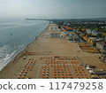 Beach in Rimini view from above. Adriatic Sea coast. View of an empty free public beach. Italy, Emilia Romagna 117479258