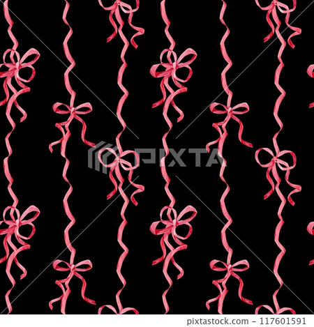 Seamless ornament of satin bows. Watercolor pattern made of pink silk ribbons. Decor for birthdays, weddings, Valentine's day. Decoration in boho style on a black background. 117601591