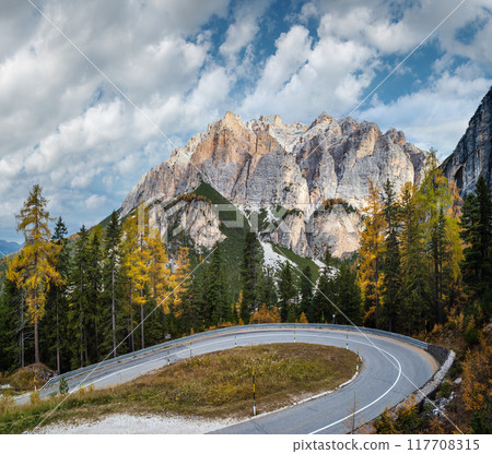 Autumn morning alpine Dolomites mountain scene. Peaceful Valparola Path view, Belluno, Italy. 117708315