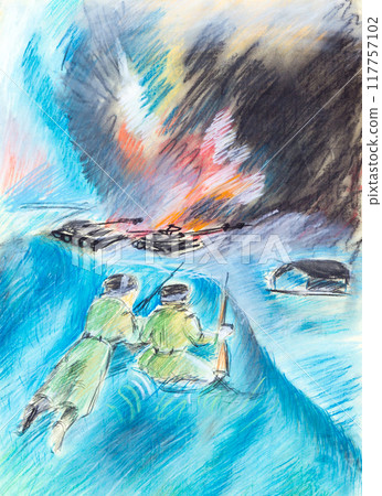 Pastel drawing of war scene 117757102