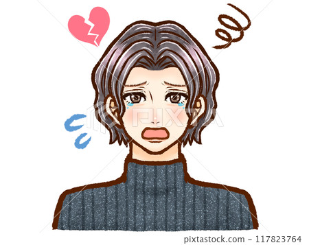 Illustration of a crying adult man with a perm crying and feeling sad 117823764