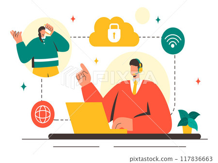 VOIP or Voice Over Internet Protocol Vector Illustration with Telephony Scheme Technology and Network Phone Call Software in Flat Background 117836663